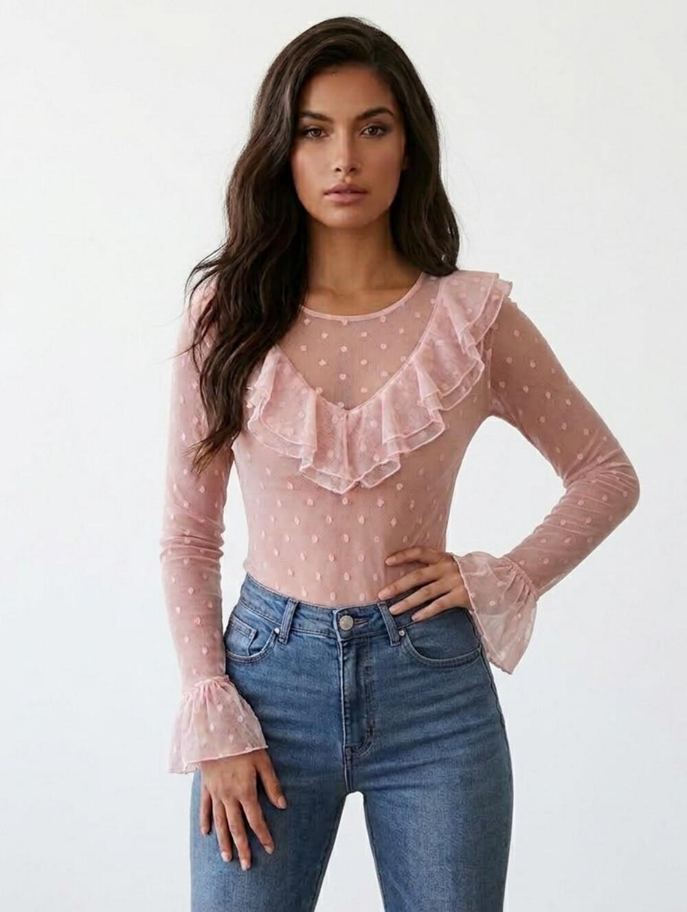 H&M Pink Sheer Ruffle V-Neck Blouse